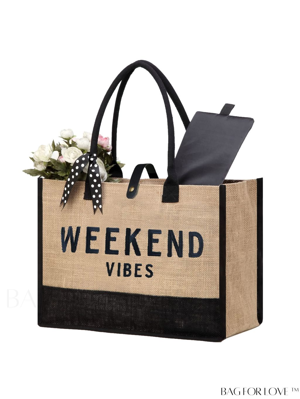 BagForLove - BeeGreen Embroidered Burlap Beach Bag - Stylish, Spacious, Reusable - Perfect Womens Birthday Gift