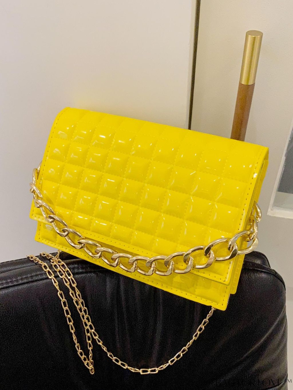 BagForLove - Chic Yellow Plaid Patent Leather Square Bag with Handle & Shoulder Strap