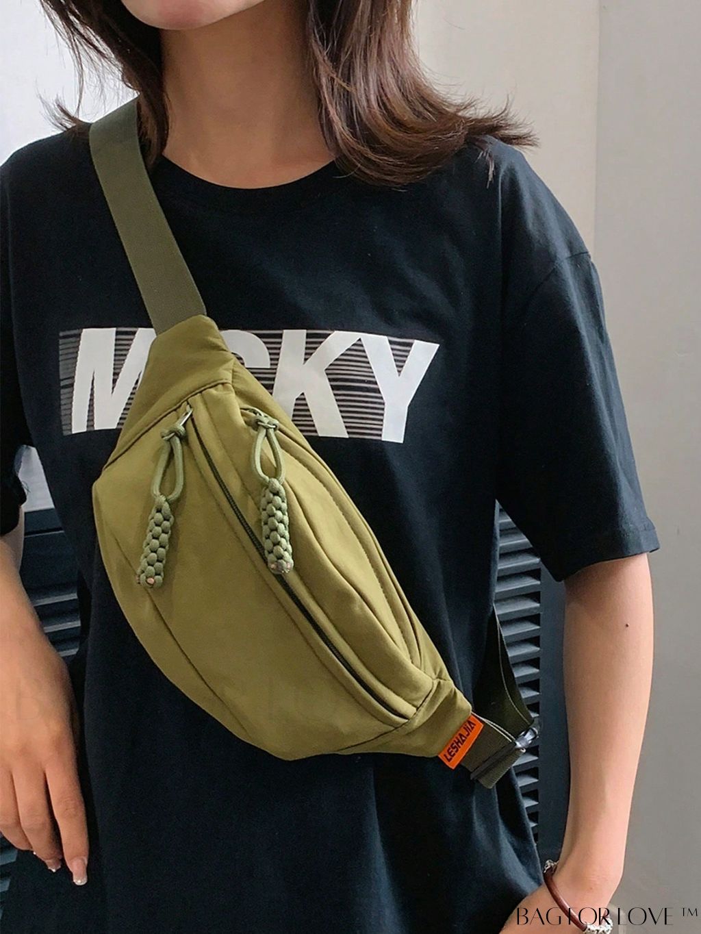 BagForLove - Medium Green Zipper Fanny Pack with Letter Patch Decoration