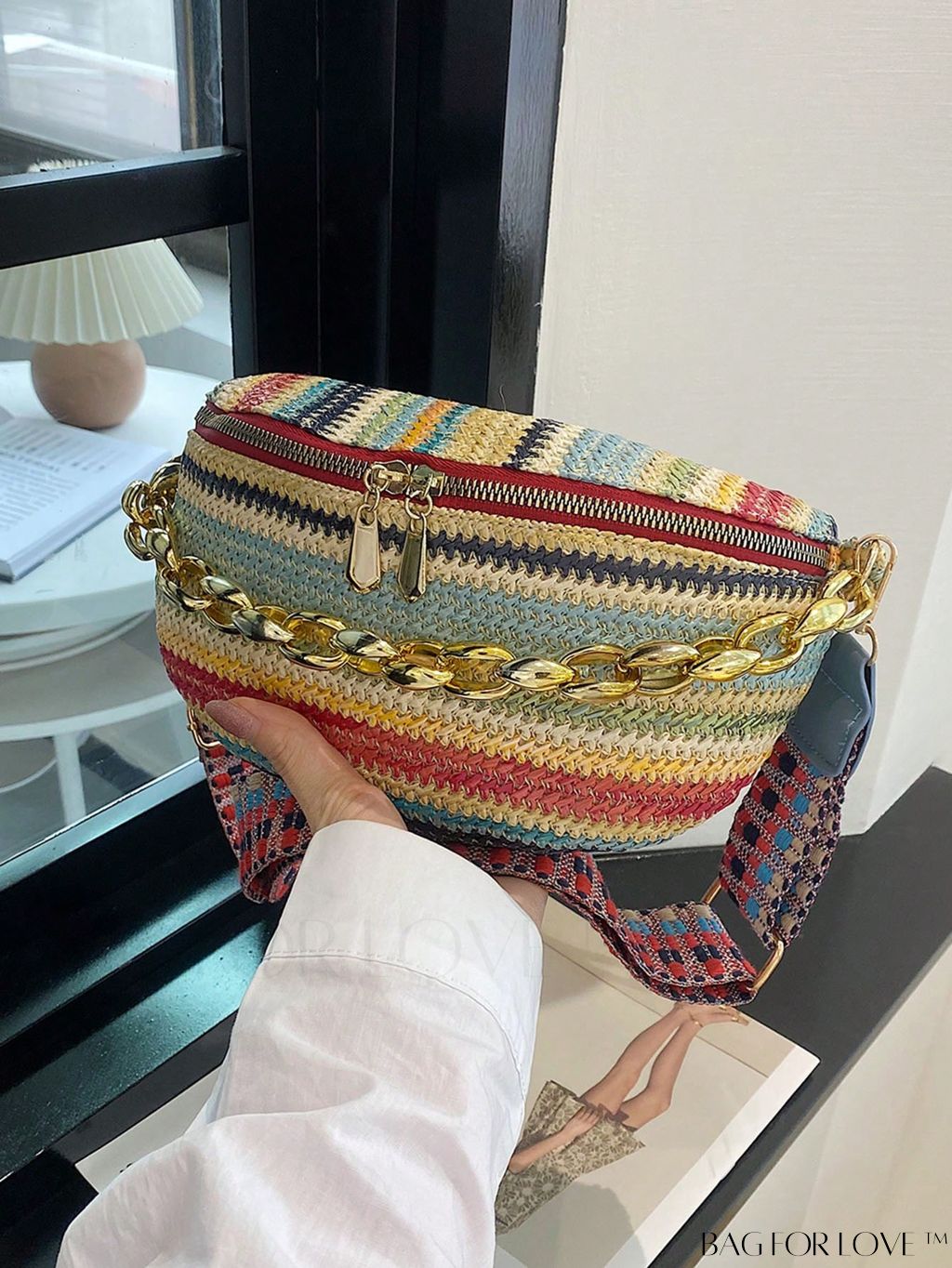 BagForLove - Patterned Chain-Decorated Small Straw Bag with Adjustable Strap for Vacation