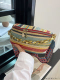 BagForLove - Patterned Chain-Decorated Small Straw Bag with Adjustable Strap for Vacation