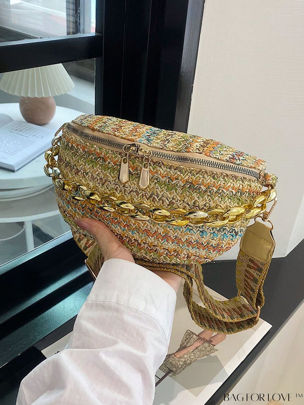BagForLove - Patterned Chain-Decorated Small Straw Bag with Adjustable Strap for Vacation