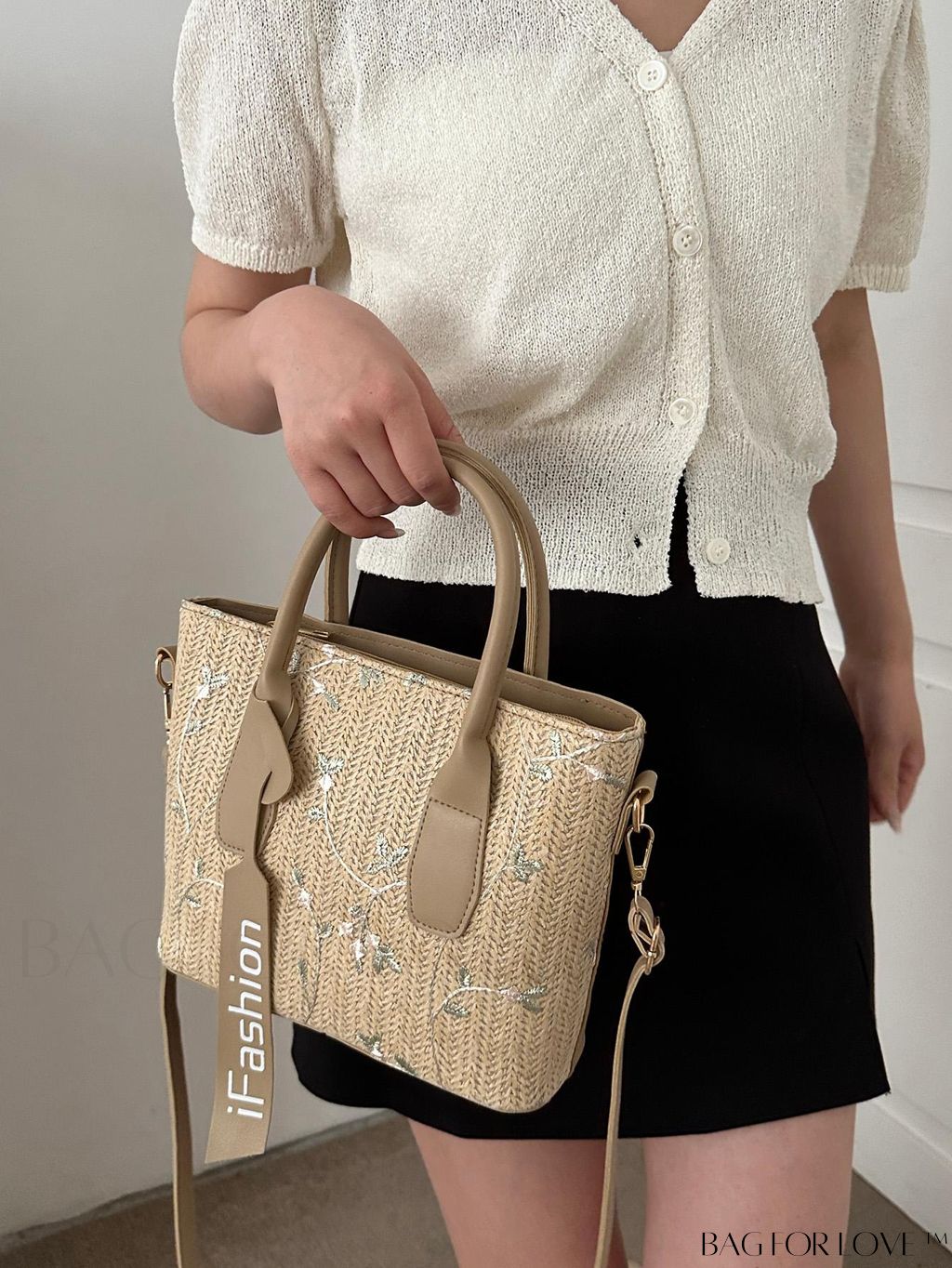 BagForLove - Stylish Straw Bag with Embroidered Floral Design and Letter Tape Decoration