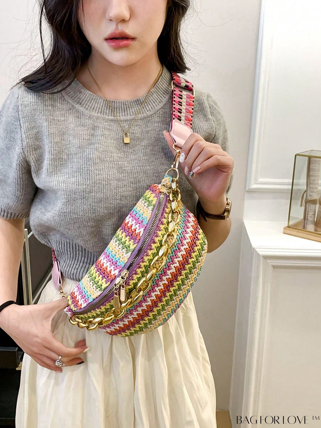 BagForLove - Patterned Chain-Decorated Small Straw Bag with Adjustable Strap for Vacation