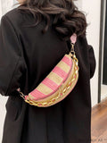 BagForLove - Patterned Chain-Decorated Small Straw Bag with Adjustable Strap for Vacation