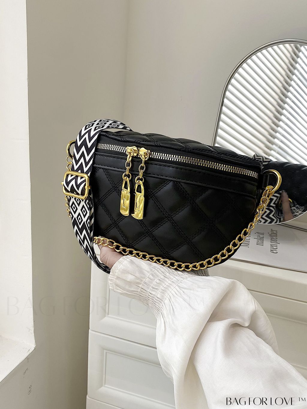 BagForLove - Fashionable Adjustable Quilted Fanny Pack with Chain Detail and Adjustable Strap