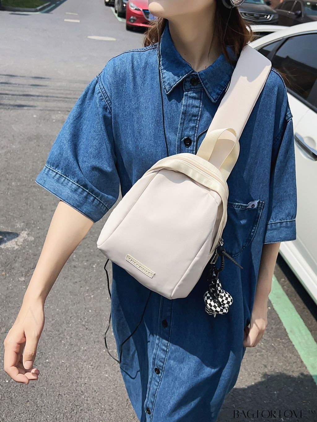 BagForLove - Pendant-Adorned Compact Chest Bag in Solid Color