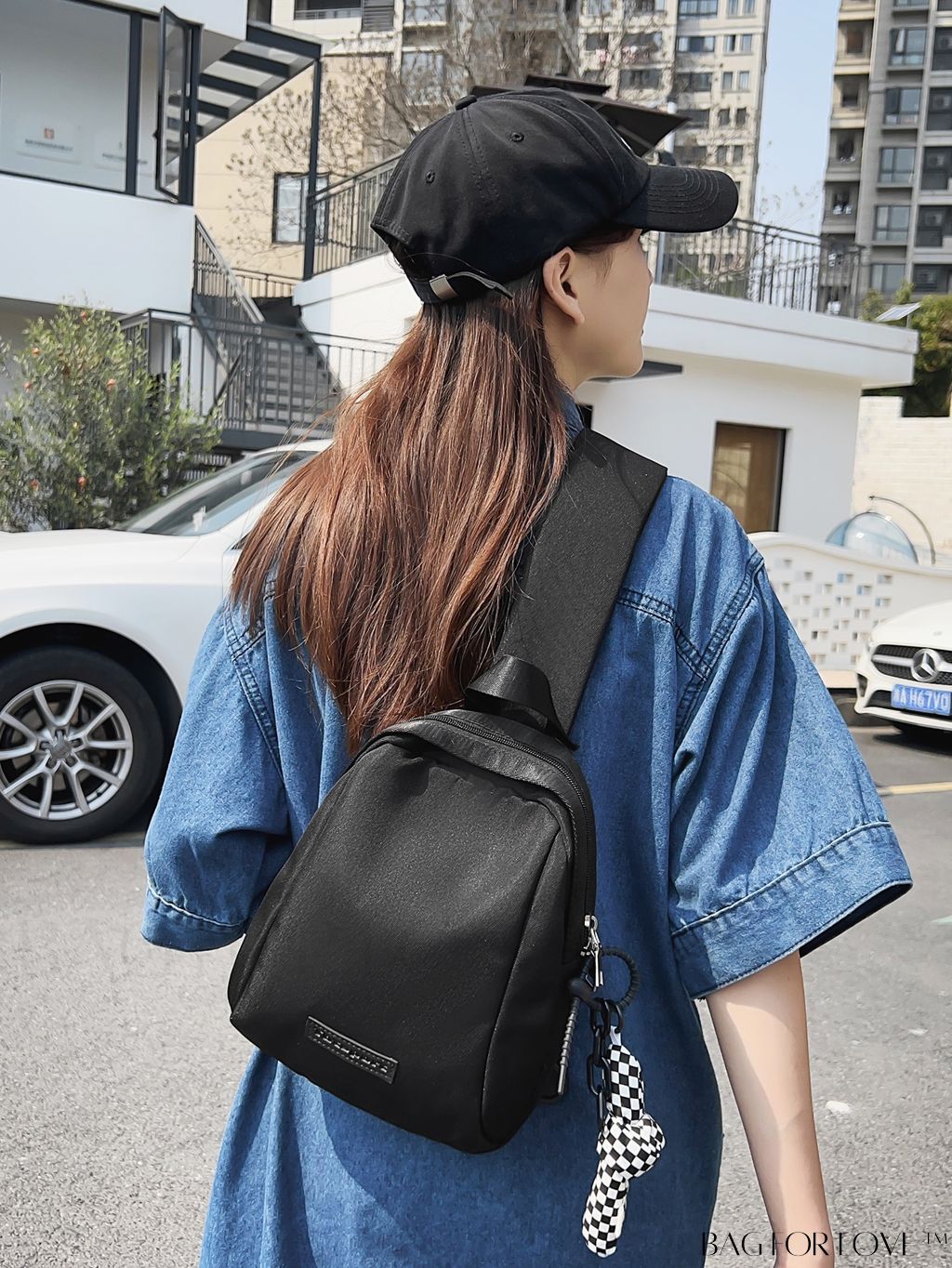 BagForLove - Pendant-Adorned Compact Chest Bag in Solid Color