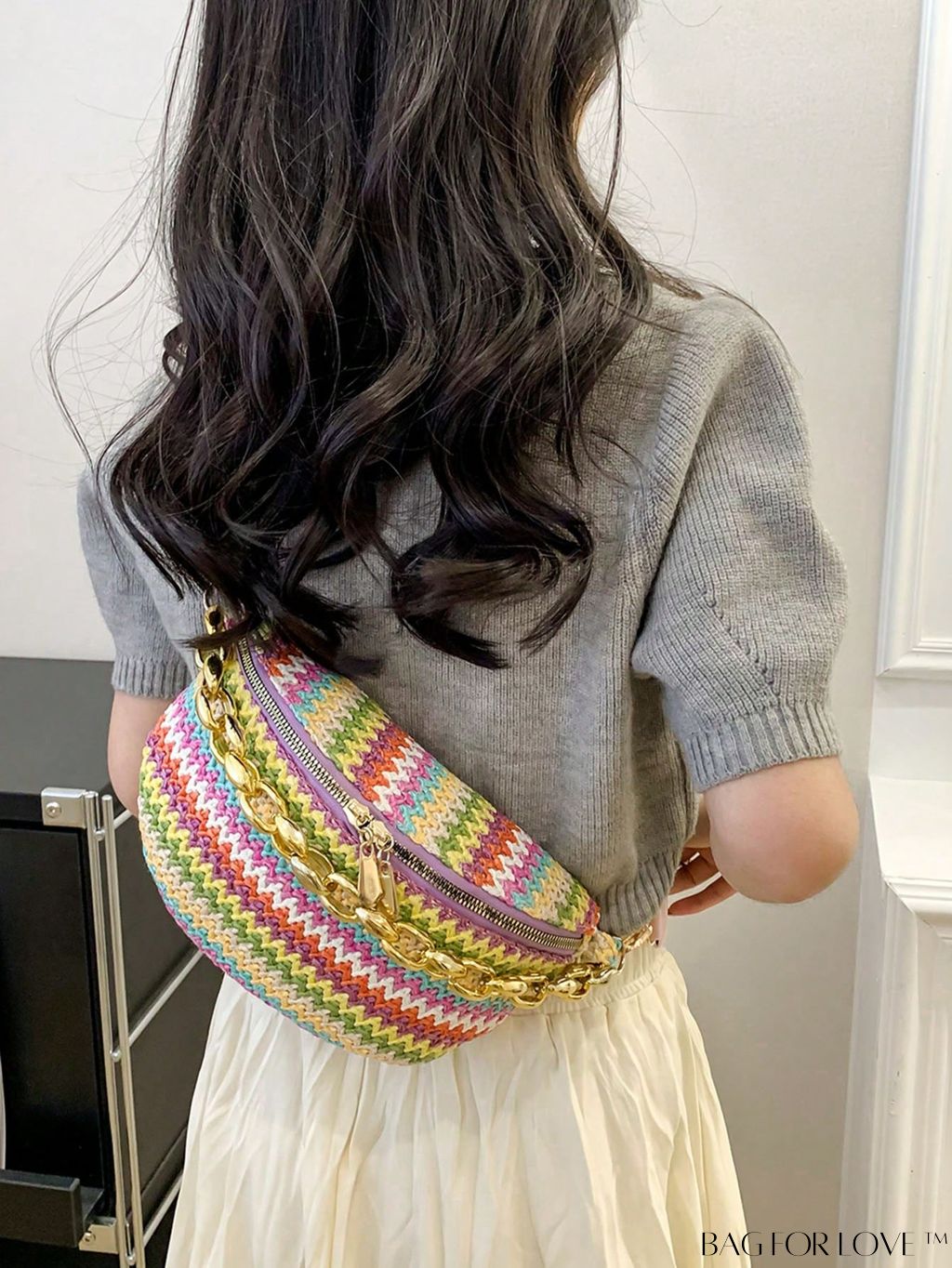 BagForLove - Patterned Chain-Decorated Small Straw Bag with Adjustable Strap for Vacation