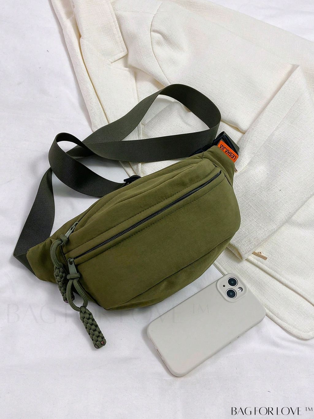 BagForLove - Medium Green Zipper Fanny Pack with Letter Patch Decoration