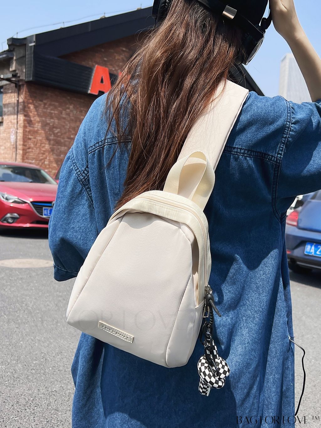 BagForLove - Pendant-Adorned Compact Chest Bag in Solid Color