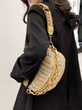 BagForLove - Patterned Chain-Decorated Small Straw Bag with Adjustable Strap for Vacation