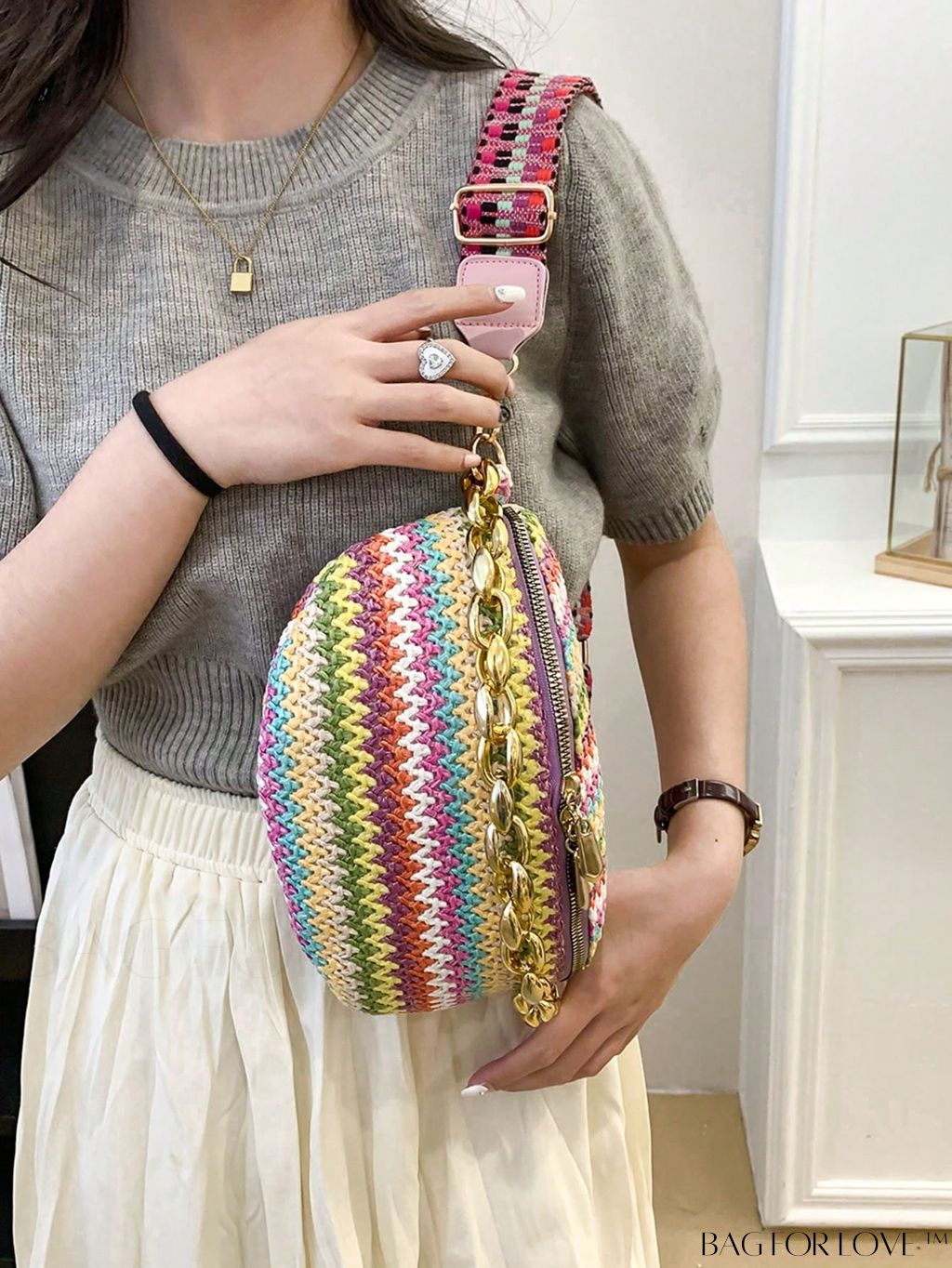BagForLove - Patterned Chain-Decorated Small Straw Bag with Adjustable Strap for Vacation