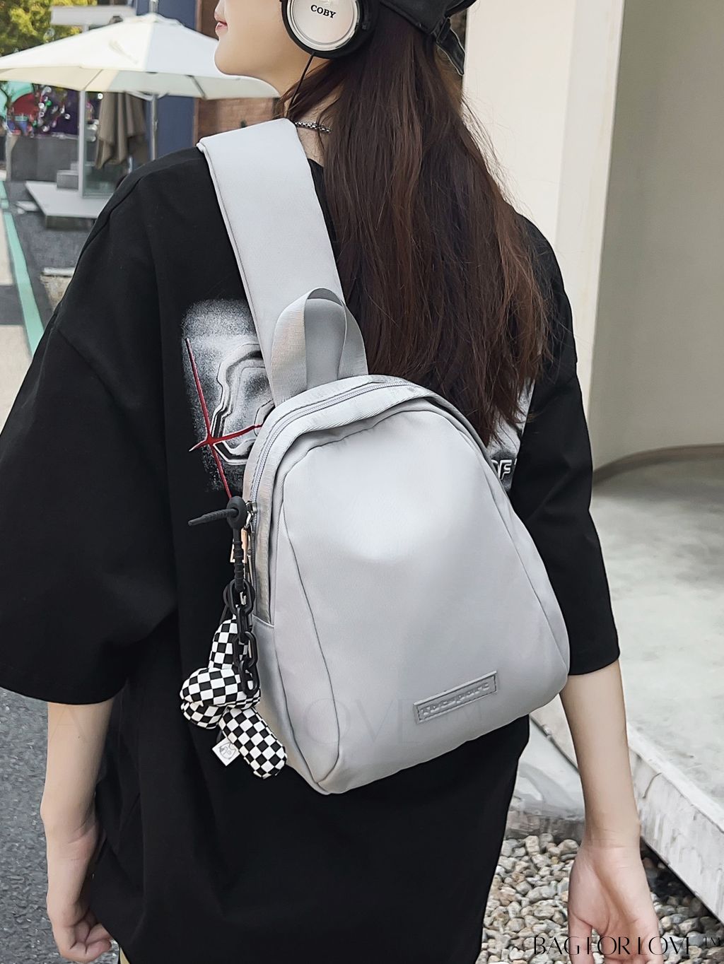 BagForLove - Pendant-Adorned Compact Chest Bag in Solid Color