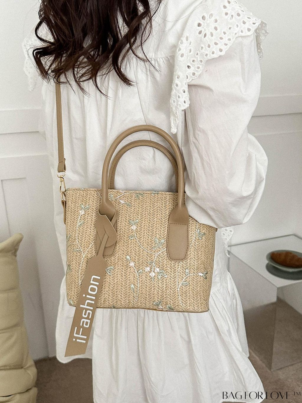 BagForLove - Stylish Straw Bag with Embroidered Floral Design and Letter Tape Decoration