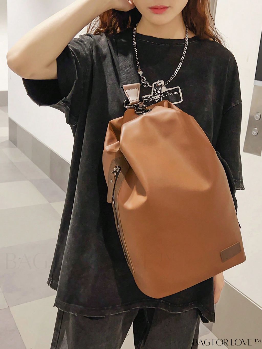 BagForLove - Medium Zipper Brown PU Patch Decor Sling Bag - Stylish and Functional