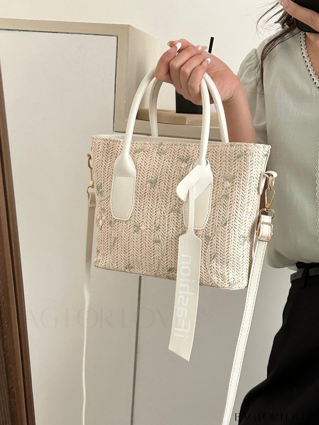 BagForLove - Stylish Straw Bag with Embroidered Floral Design and Letter Tape Decoration