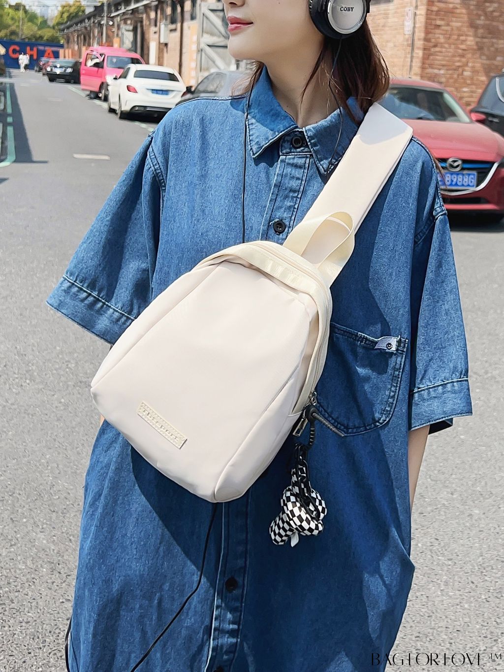 BagForLove - Pendant-Adorned Compact Chest Bag in Solid Color