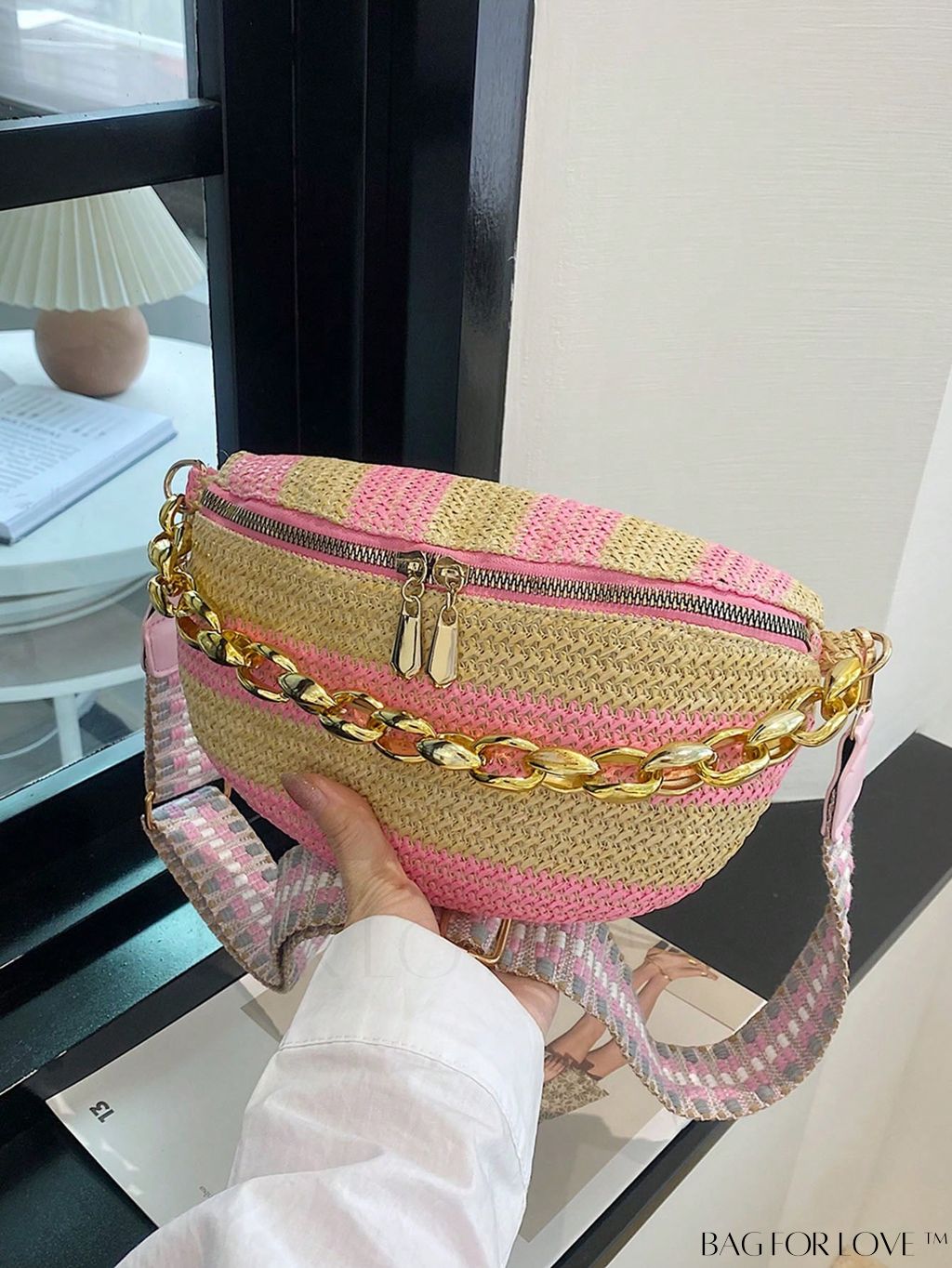 BagForLove - Patterned Chain-Decorated Small Straw Bag with Adjustable Strap for Vacation