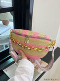 BagForLove - Patterned Chain-Decorated Small Straw Bag with Adjustable Strap for Vacation