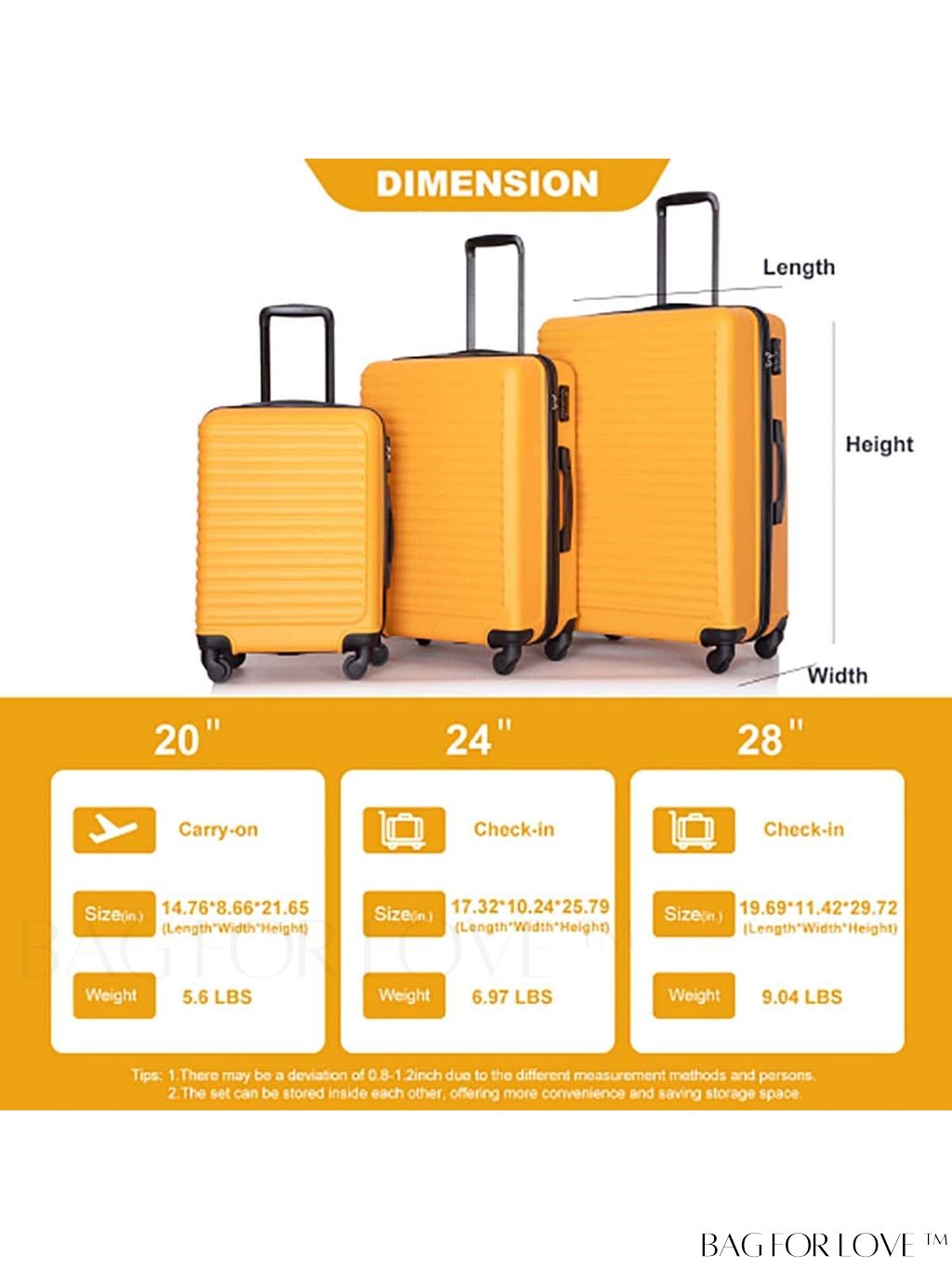 BagForLove - Lightweight 3-Piece ABS Luggage Sets with Hooks - Ideal for Travel and Business (20/24/28in)