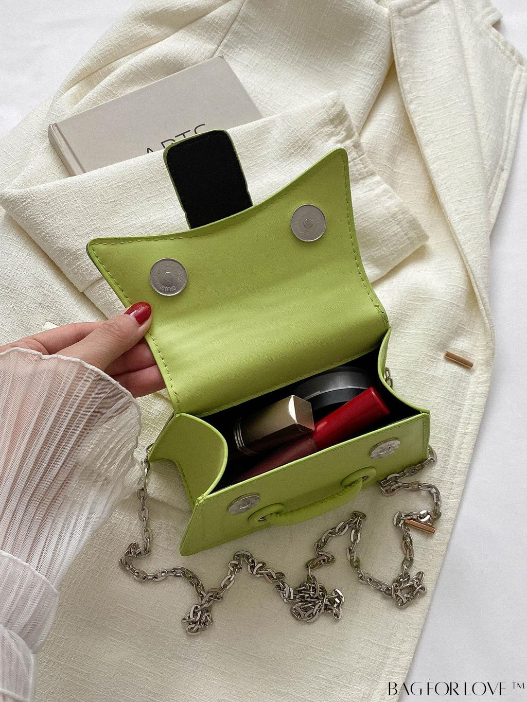 BagForLove - Compact Metal Square Flap Bag with Solid Color and Top Handle