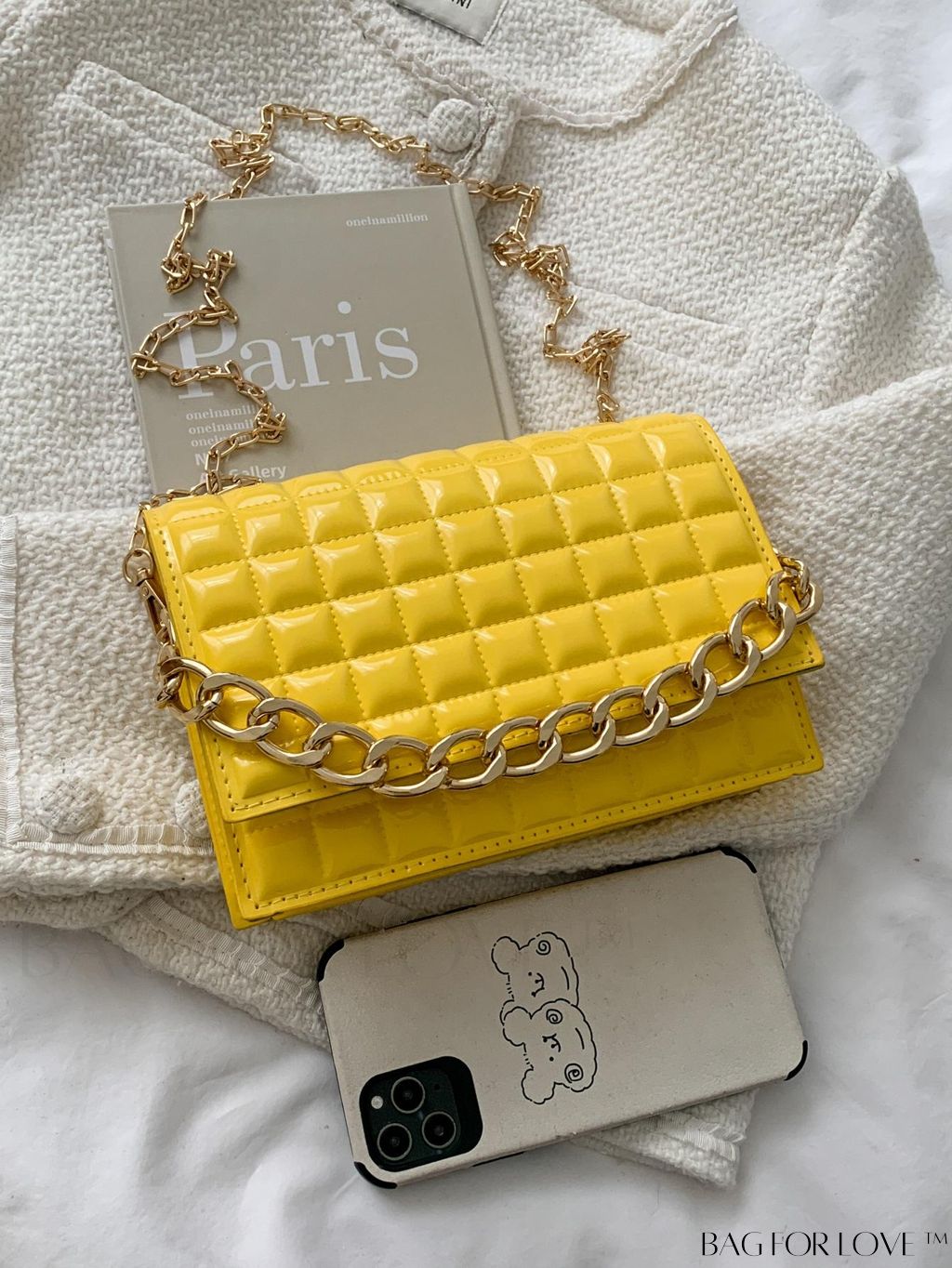 BagForLove - Chic Yellow Plaid Patent Leather Square Bag with Handle & Shoulder Strap