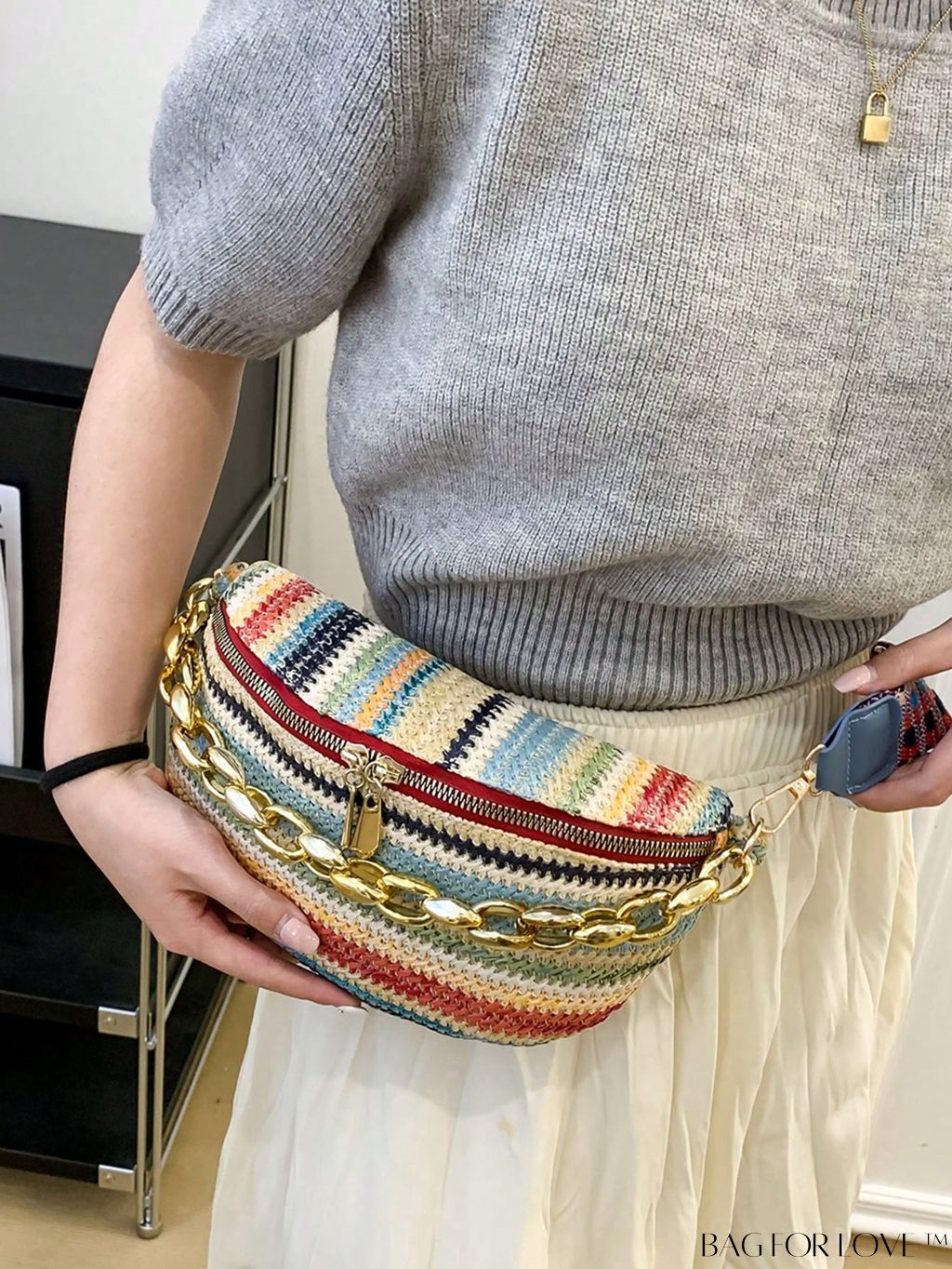 BagForLove - Patterned Chain-Decorated Small Straw Bag with Adjustable Strap for Vacation