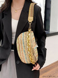 BagForLove - Patterned Chain-Decorated Small Straw Bag with Adjustable Strap for Vacation