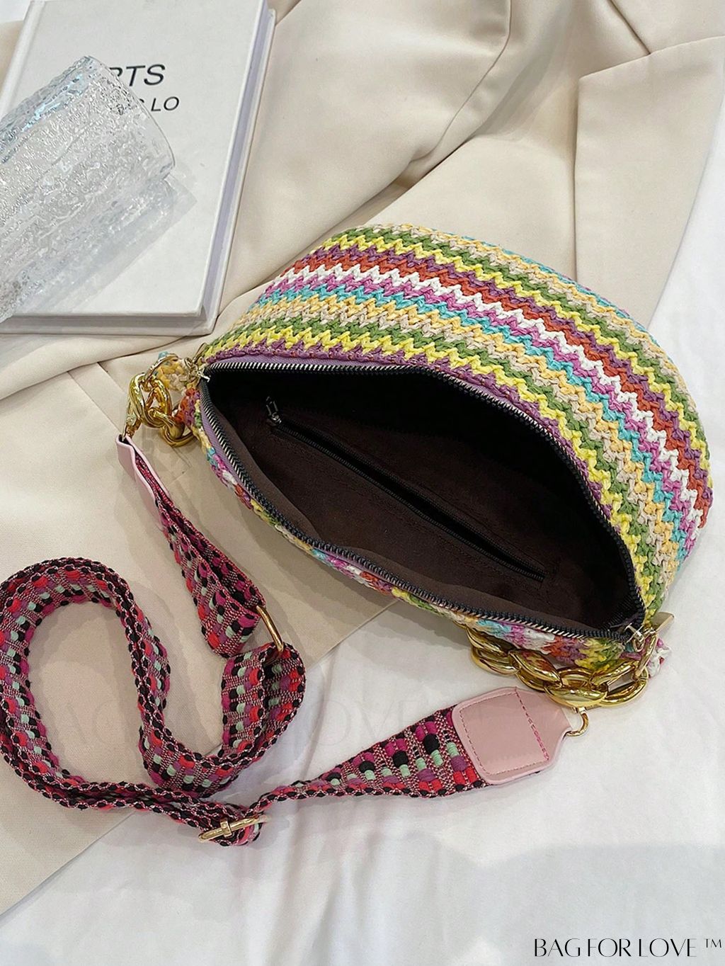 BagForLove - Patterned Chain-Decorated Small Straw Bag with Adjustable Strap for Vacation