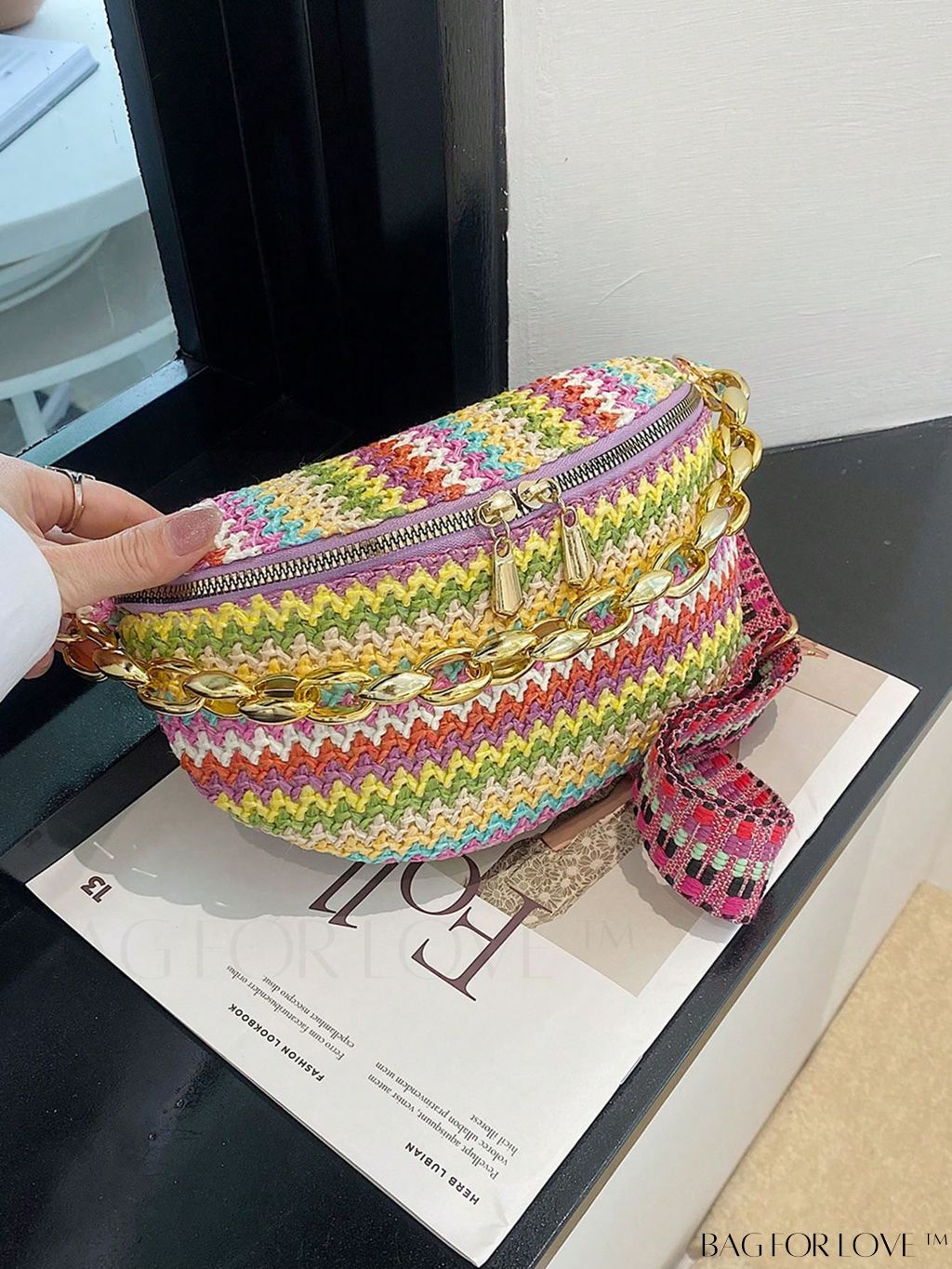 BagForLove - Patterned Chain-Decorated Small Straw Bag with Adjustable Strap for Vacation