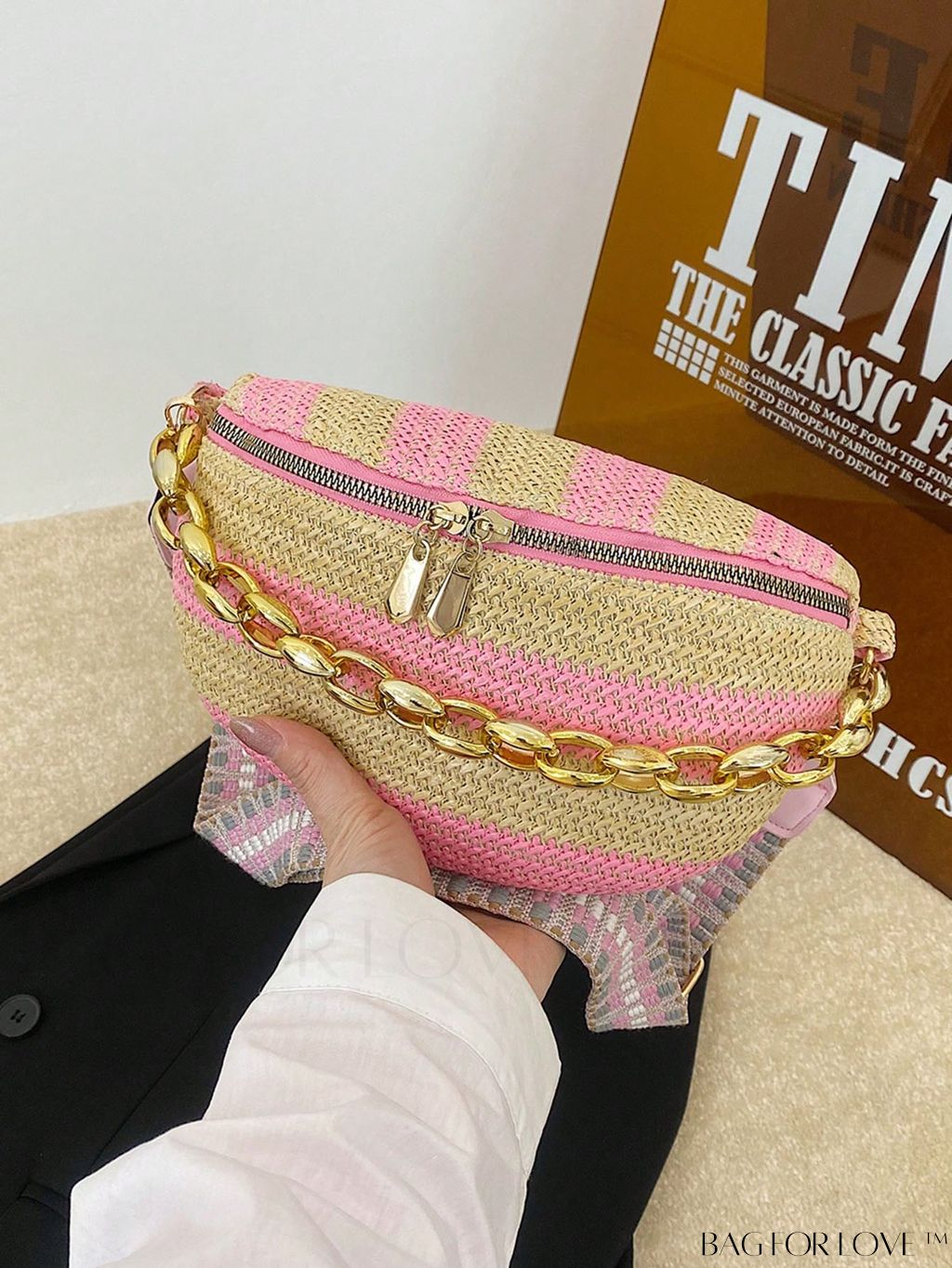 BagForLove - Patterned Chain-Decorated Small Straw Bag with Adjustable Strap for Vacation