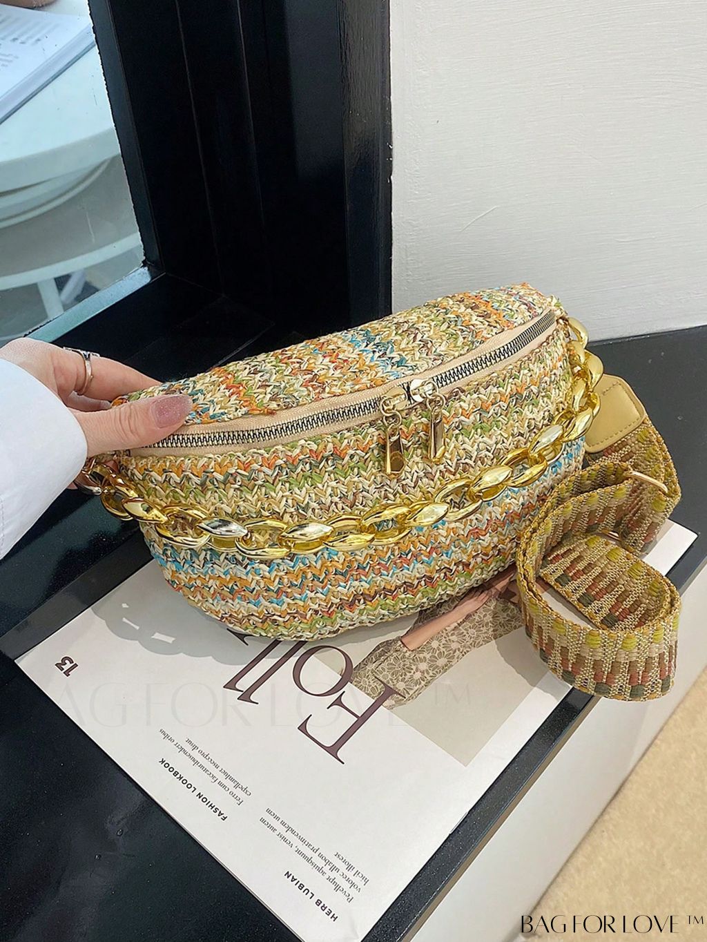 BagForLove - Patterned Chain-Decorated Small Straw Bag with Adjustable Strap for Vacation