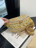BagForLove - Patterned Chain-Decorated Small Straw Bag with Adjustable Strap for Vacation