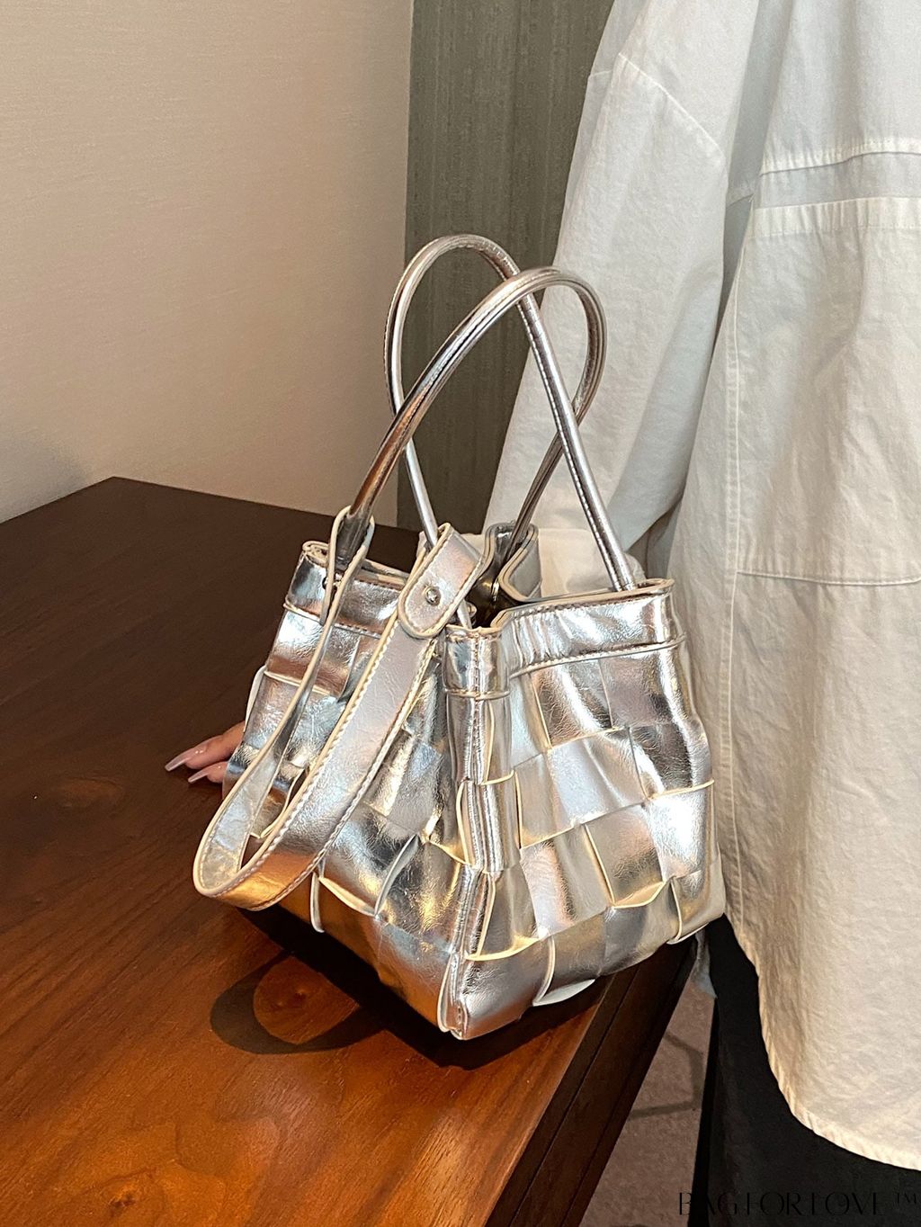 BagForLove - Versatile Silver Crossbody Bucket Bag with Fashionable Woven Design, for Trendy Style.