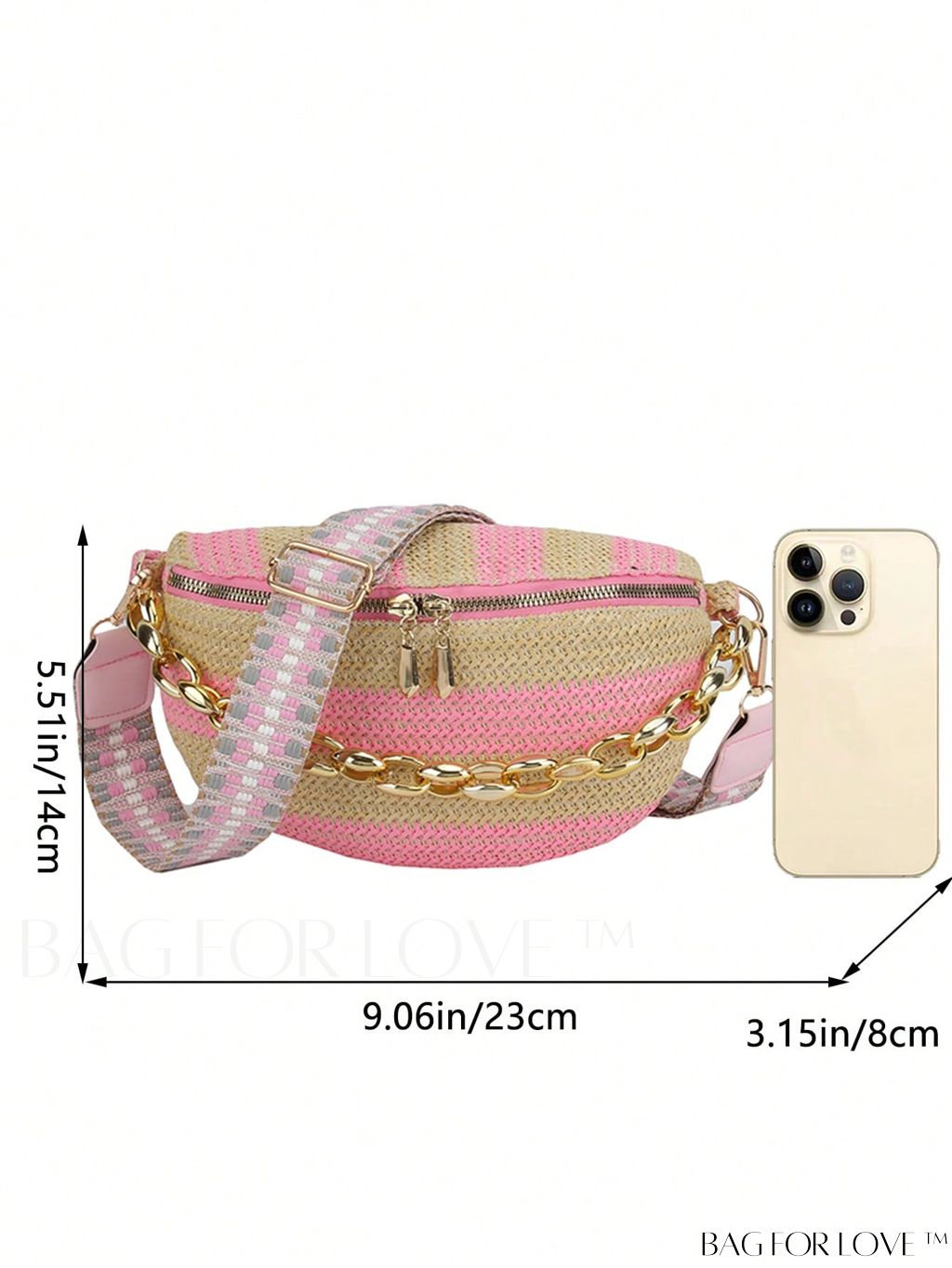 BagForLove - Patterned Chain-Decorated Small Straw Bag with Adjustable Strap for Vacation