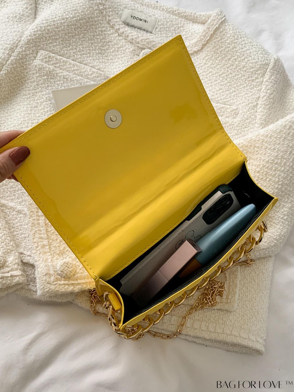 BagForLove - Chic Yellow Plaid Patent Leather Square Bag with Handle & Shoulder Strap