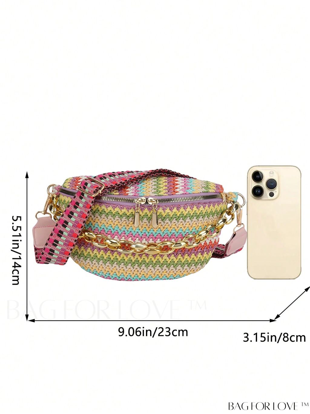 BagForLove - Patterned Chain-Decorated Small Straw Bag with Adjustable Strap for Vacation