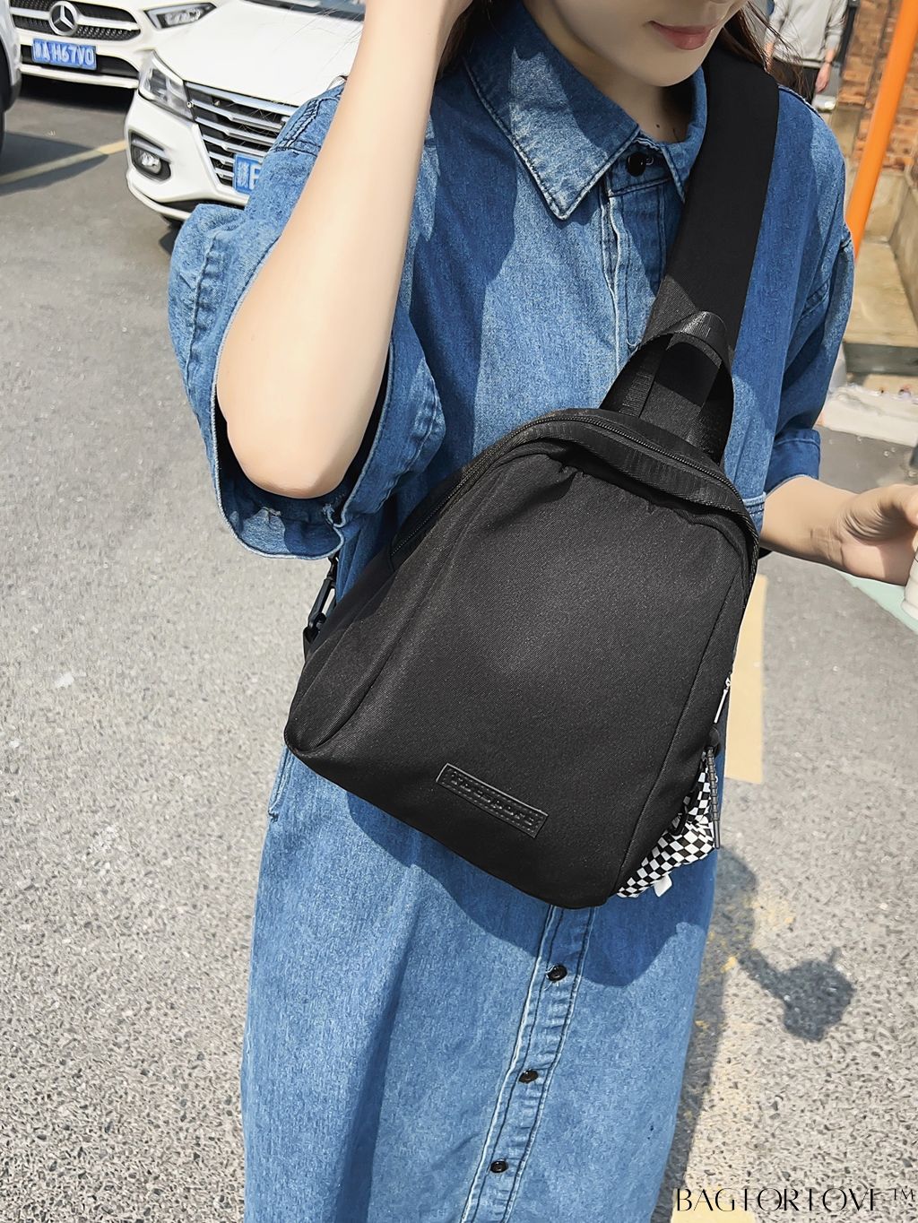 BagForLove - Pendant-Adorned Compact Chest Bag in Solid Color