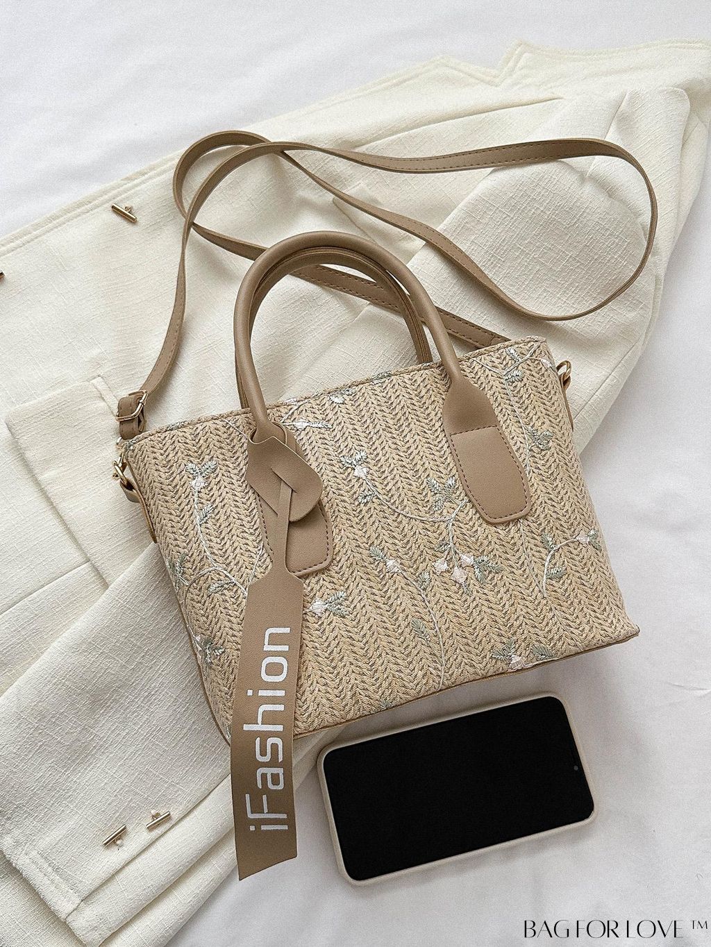 BagForLove - Stylish Straw Bag with Embroidered Floral Design and Letter Tape Decoration