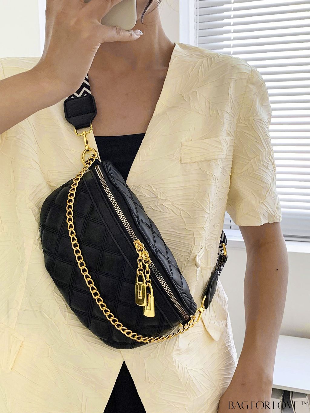 BagForLove - Fashionable Adjustable Quilted Fanny Pack with Chain Detail and Adjustable Strap
