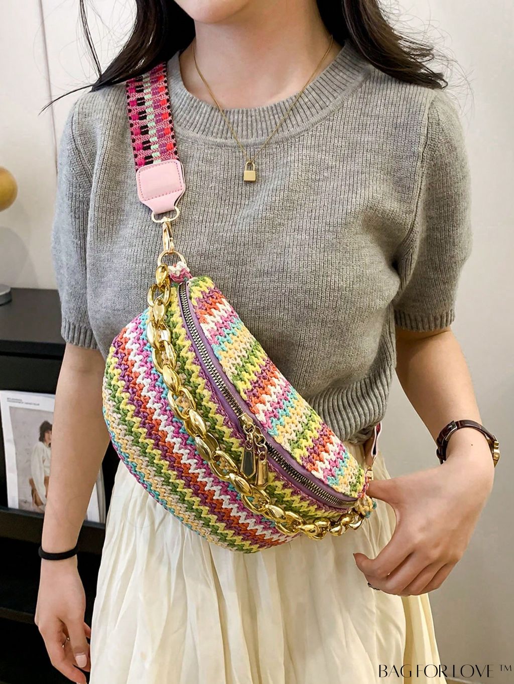BagForLove - Patterned Chain-Decorated Small Straw Bag with Adjustable Strap for Vacation
