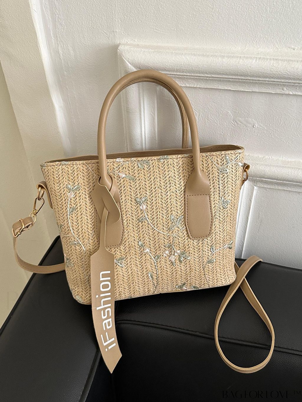 BagForLove - Stylish Straw Bag with Embroidered Floral Design and Letter Tape Decoration
