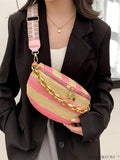 BagForLove - Patterned Chain-Decorated Small Straw Bag with Adjustable Strap for Vacation