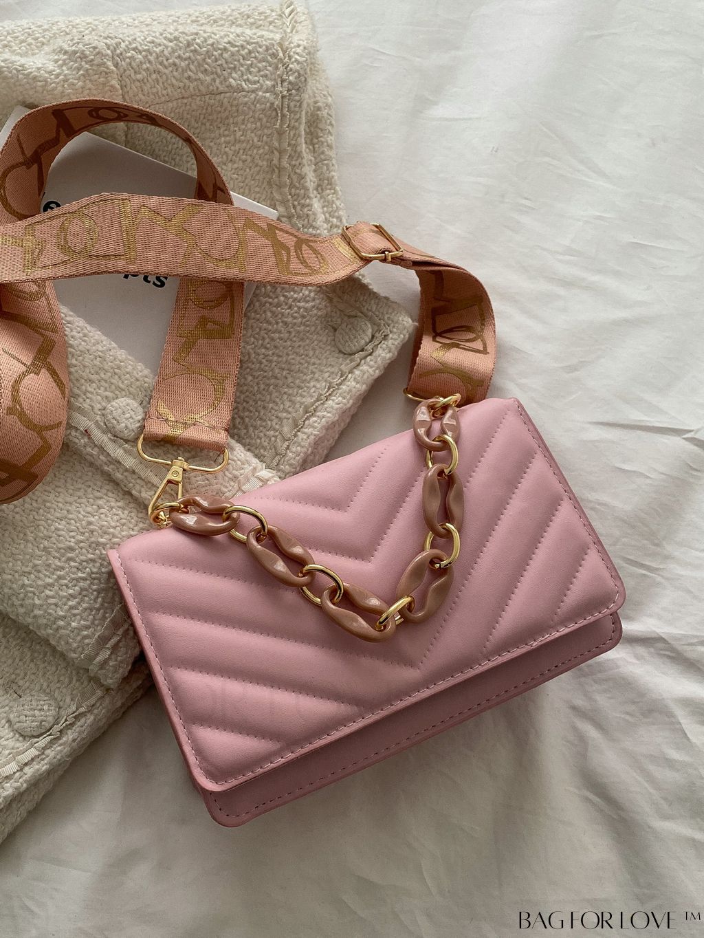 BagForLove - Chic Chevron Quilted Mini Square Bag with Metallic Finish and Chain Detail Flap