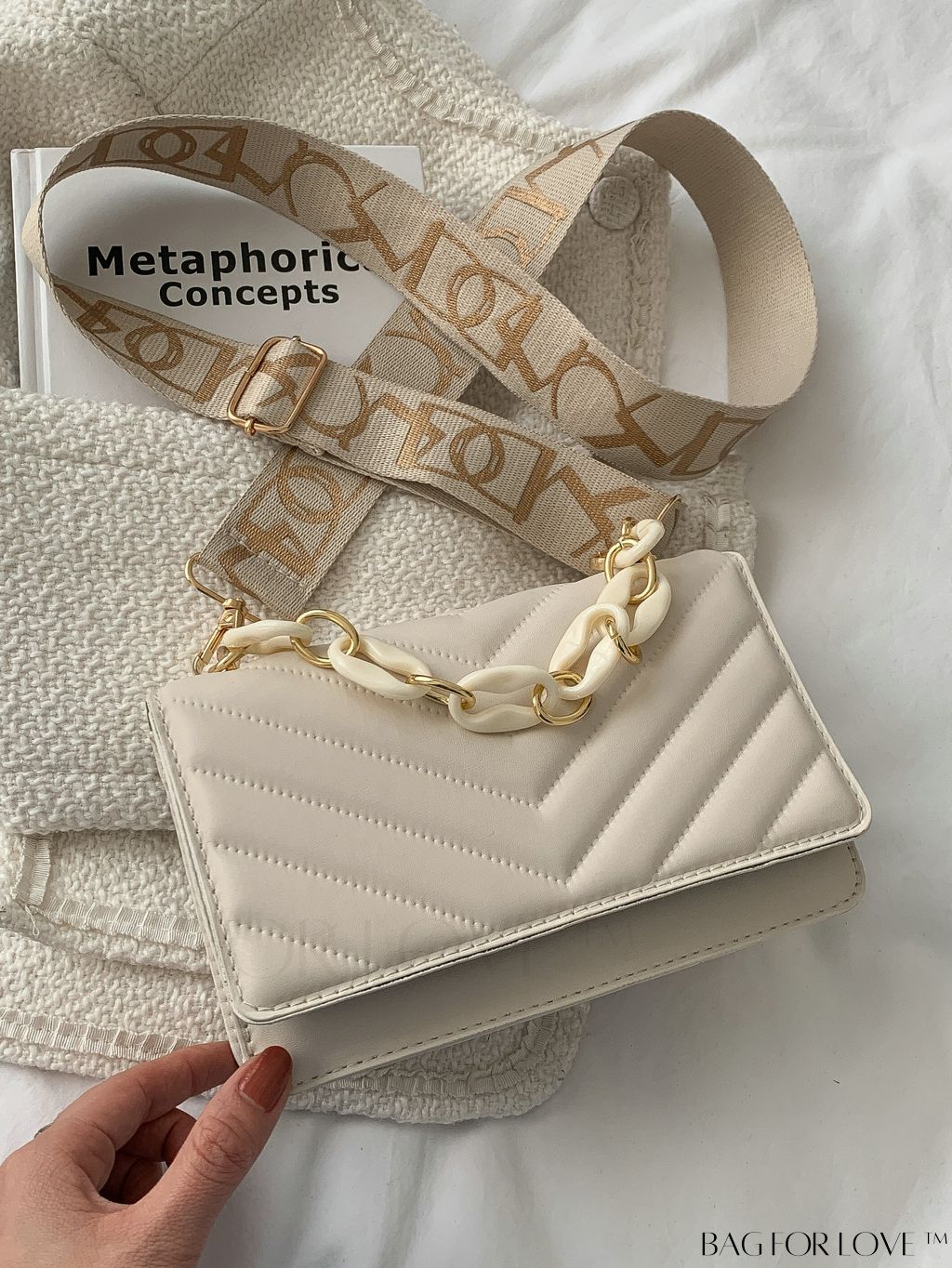 BagForLove - Chic Chevron Quilted Mini Square Bag with Metallic Finish and Chain Detail Flap