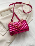 BagForLove - Chic Chevron Quilted Mini Square Bag with Metallic Finish and Chain Detail Flap