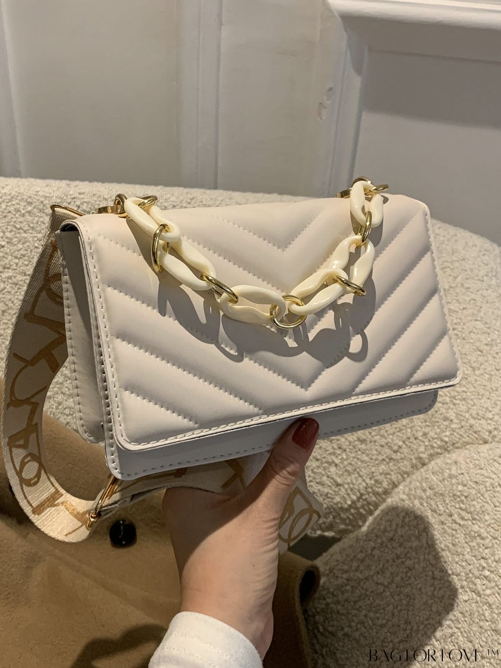 BagForLove - Chic Chevron Quilted Mini Square Bag with Metallic Finish and Chain Detail Flap