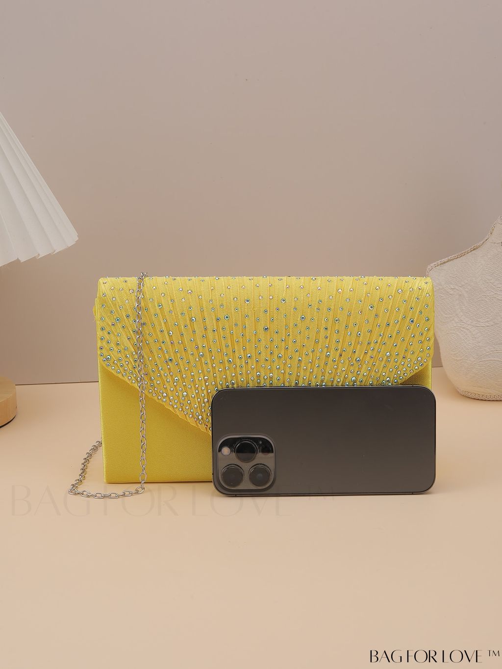 BagForLove - Compact Pleated Envelope Bag with Sparkling Rhinestone Embellishment