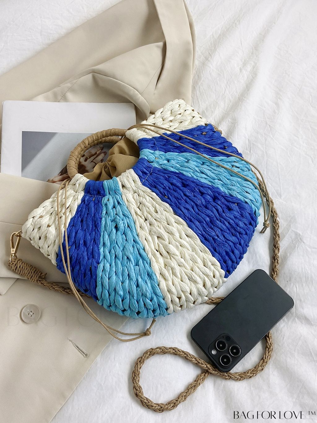 BagForLove - Summer Beach Travel Straw Bag with Color Block Drawstring Detail